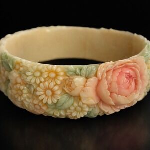 Vintage Carved Celluloid Bangle Bracelet Pastel Floral Rose Garden Cottagecore